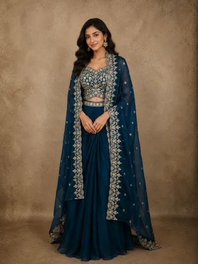 Deep Teal Blue Floral Zari Embroidered Design Georgette Indo Western Skirt Top with Over Coat
